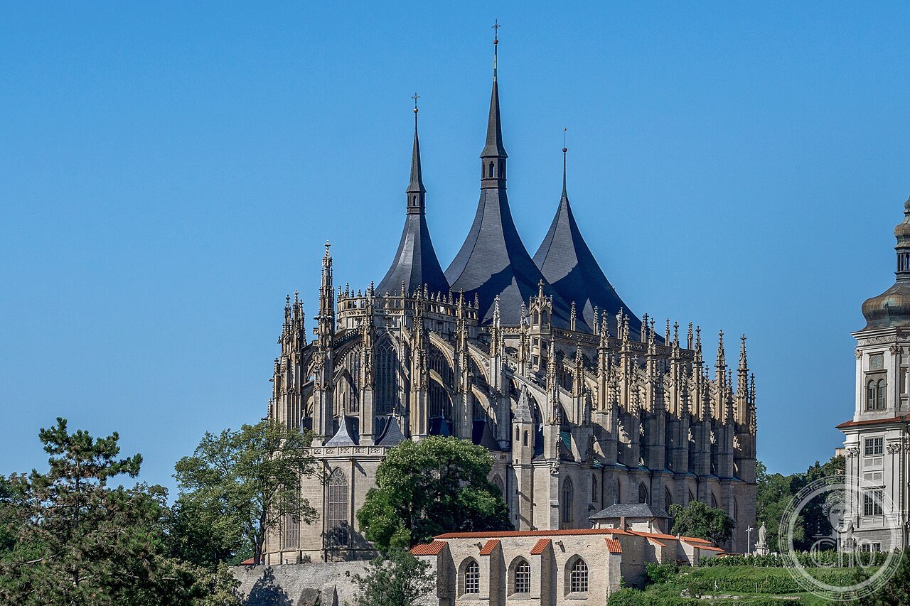 North facade of St Barbara's Church in Kutná Hora, Czech Republic, with its distinctive tent-like triple spires, built by silver miners starting in 1388 and only completed in 1905