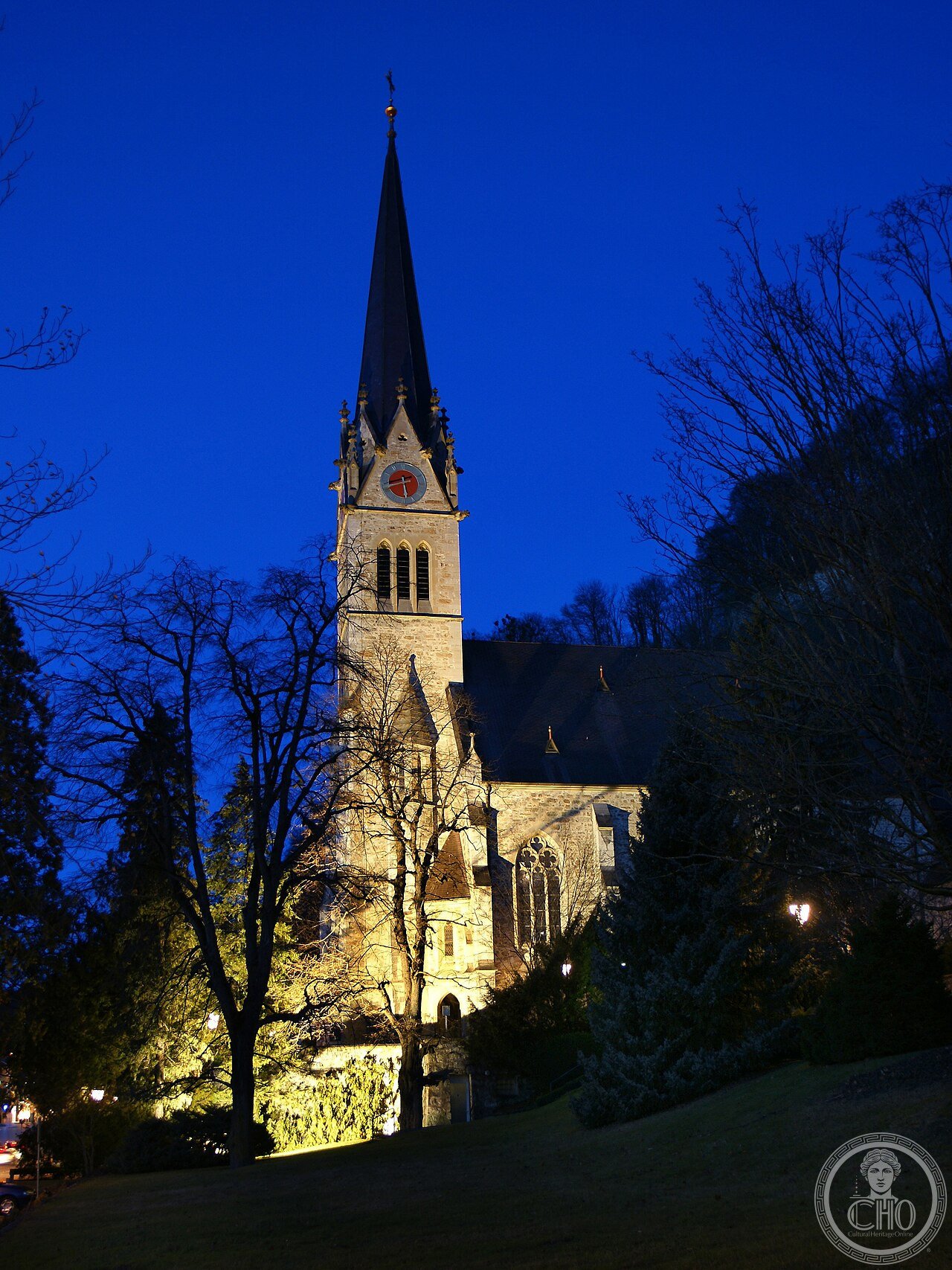Neo-Gothic exterior of the Cathedral of St Florin in Vaduz, Liechtenstein, built 1869-1873, elevated to cathedral status in 1997, adjacent to the crypt of the Princely Family