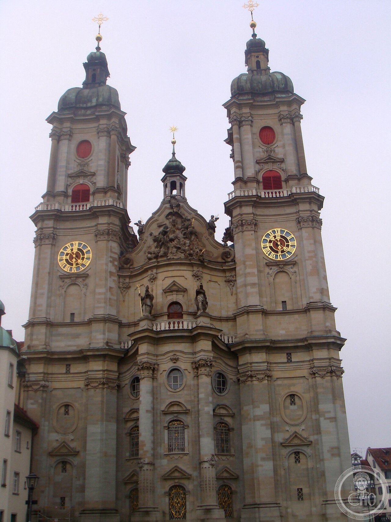Exterior of St. Gallen Abbey Cathedral in Switzerland, one of the last great Baroque sacred buildings, founded on the 7th-century hermitage of the Irish monk Gallus and home to a medieval library sheltering an Egyptian mummy