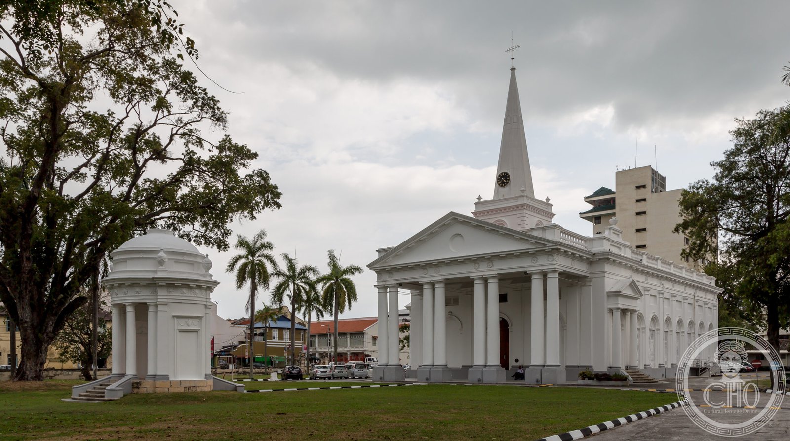St. George's Church in George Town, Penang, Malaysia, a white Anglo-Palladian portico with columns and a tall octagonal spire