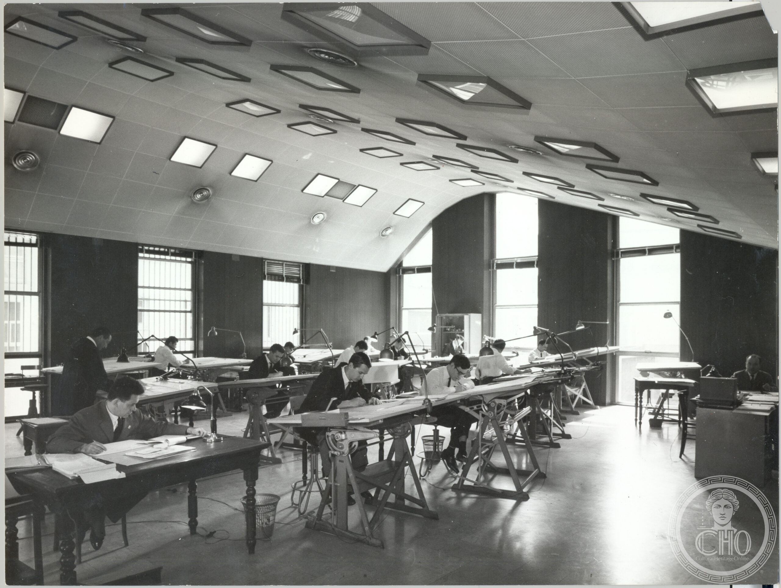 Draughtsmen at work in the STIPEL drawing office in via Confienza, Turin, May 1964