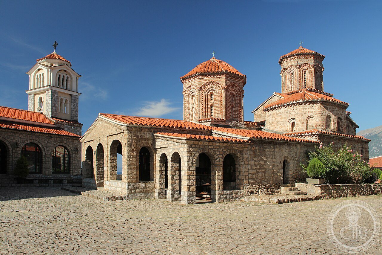 Saint Naum Monastery on Lake Ohrid, North Macedonia, founded 905 AD by Saint Naum of Ohrid, disciple of Cyril and Methodius, where pilgrims press an ear to his tomb to hear what legend calls his still-beating heart