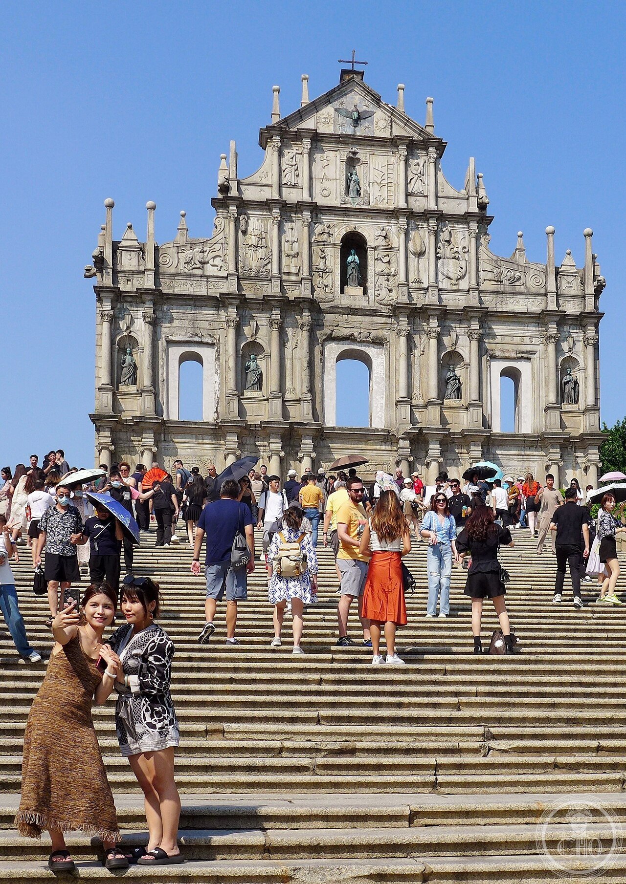 The Ruins of St. Paul's in Macau, the granite facade of a Jesuit church carved 1620-1627 by Japanese Christian exiles, all that survived a fire in 1835, blending Christian, Chinese and Japanese motifs