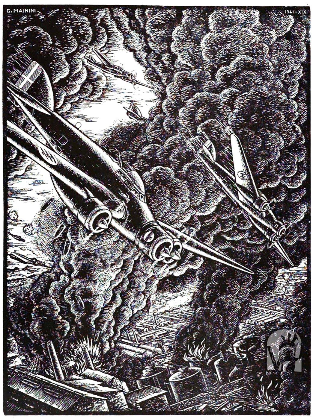 Black and white 1941 woodcut of aircraft in formation over a burning landscape, signed G. Mainini