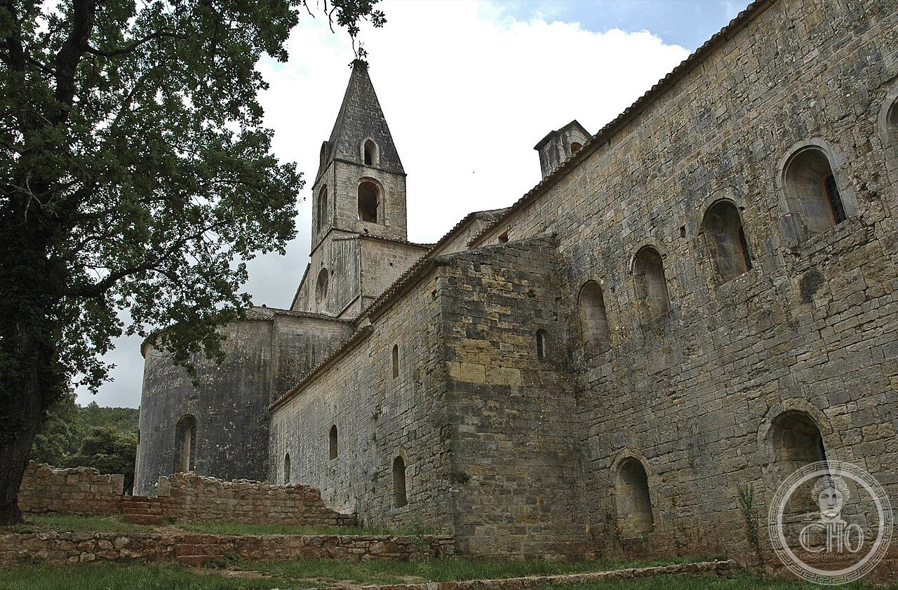 Le Thoronet Abbey church exterior, Provence, France, built 1160-1250, one of the Three Sisters of Provence, famous for acoustics with a 13-second echo that shaped generations of architects including Le Corbusier and Tadao Ando