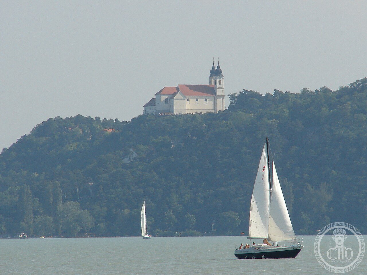 Twin-towered Baroque church of Tihany Abbey overlooking Lake Balaton, Hungary, founded 1055 by King Andrew I, whose founding charter contains the oldest surviving words written in Hungarian