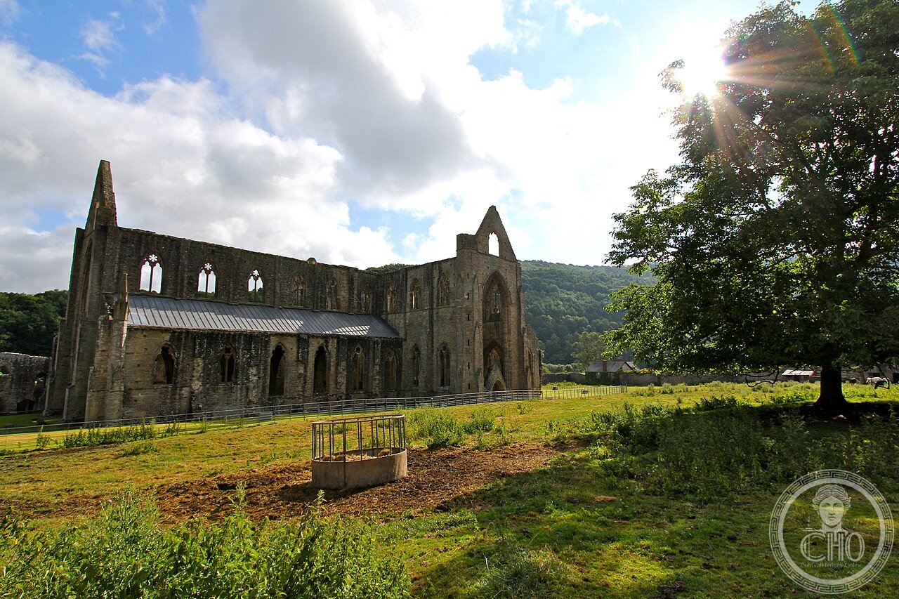 Ruins of Tintern Abbey in Wales, founded 1131 as the first Cistercian abbey in Wales, dissolved in 1536, and later immortalised by William Wordsworth's 1798 poem written after a walking tour along the River Wye