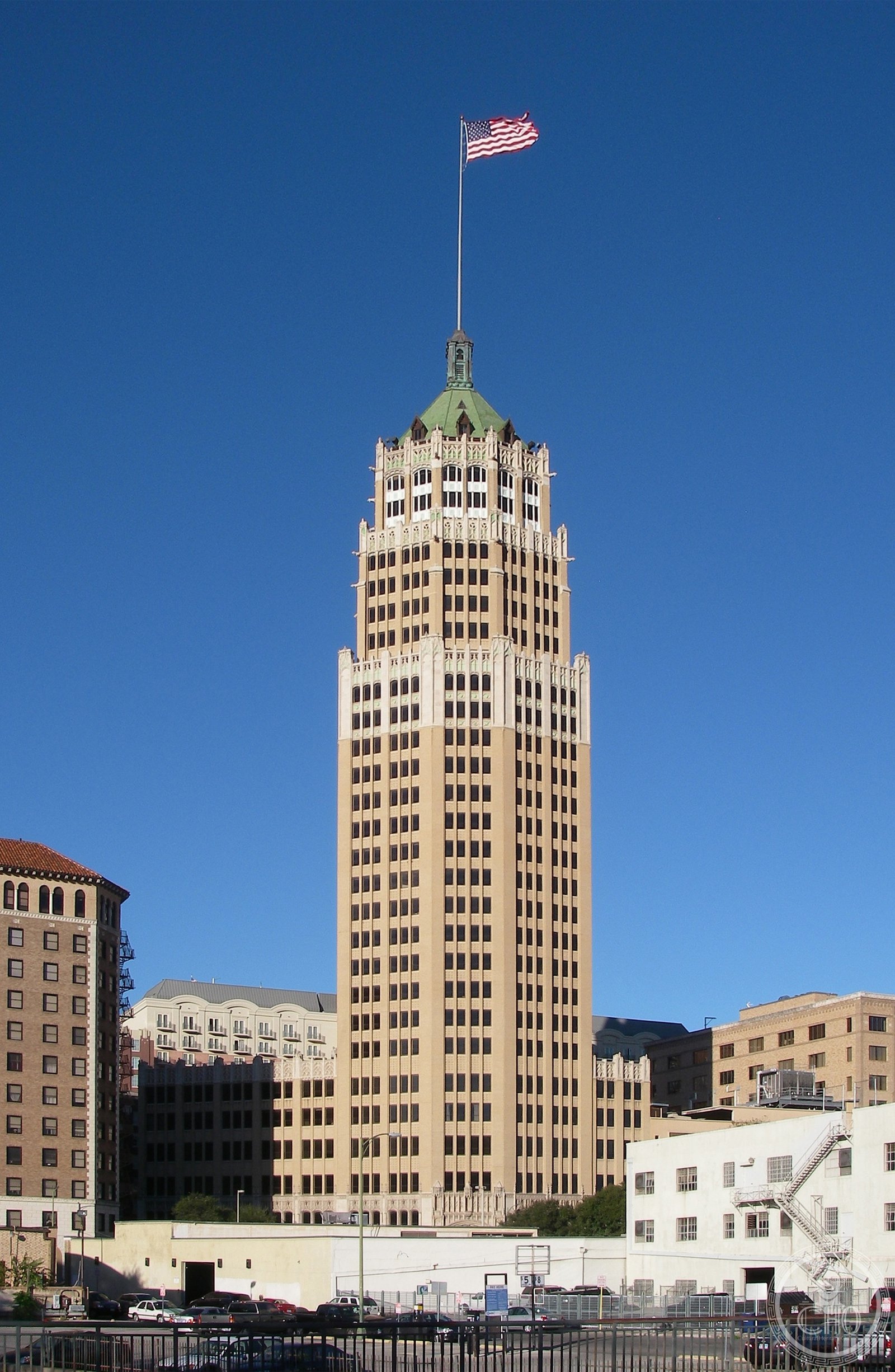 Tower Life Building, San Antonio, Texas — 1929 Gothic Revival tower with distinctive octagonal crown, seen from street level
