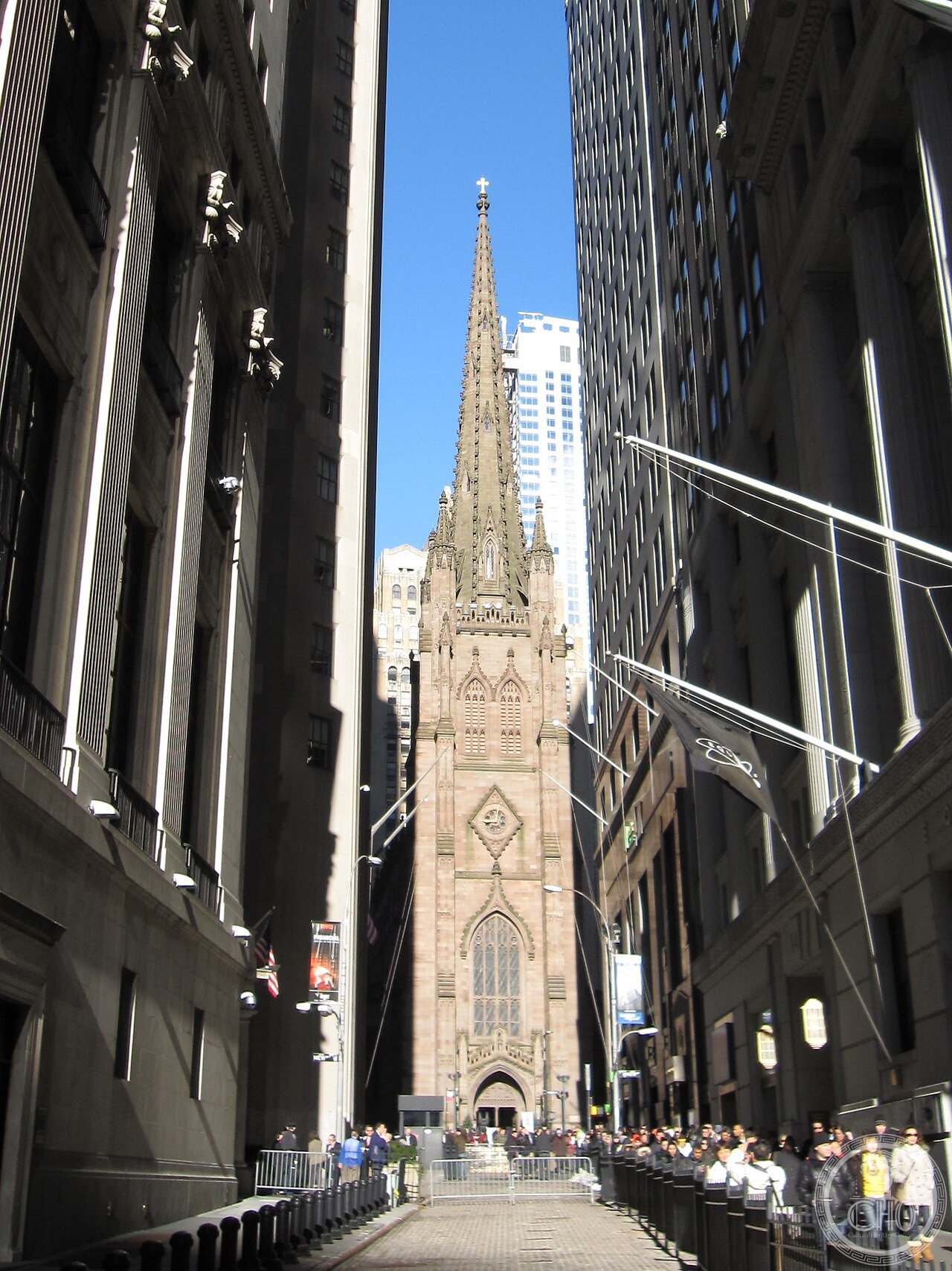 Trinity Church at the head of Wall Street, New York City, the third church on this site, built 1839-1846 by architect Richard Upjohn, the tallest building in the United States when completed