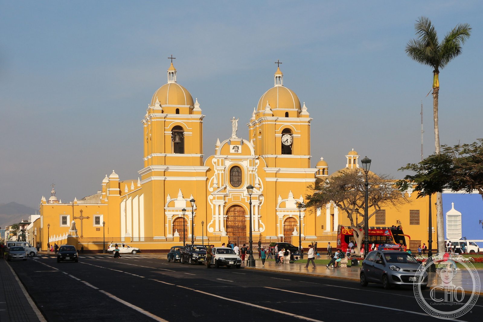 Cathedral of Trujillo, Peru, on the Plaza de Armas, an ochre-yellow baroque facade with twin golden domed bell towers