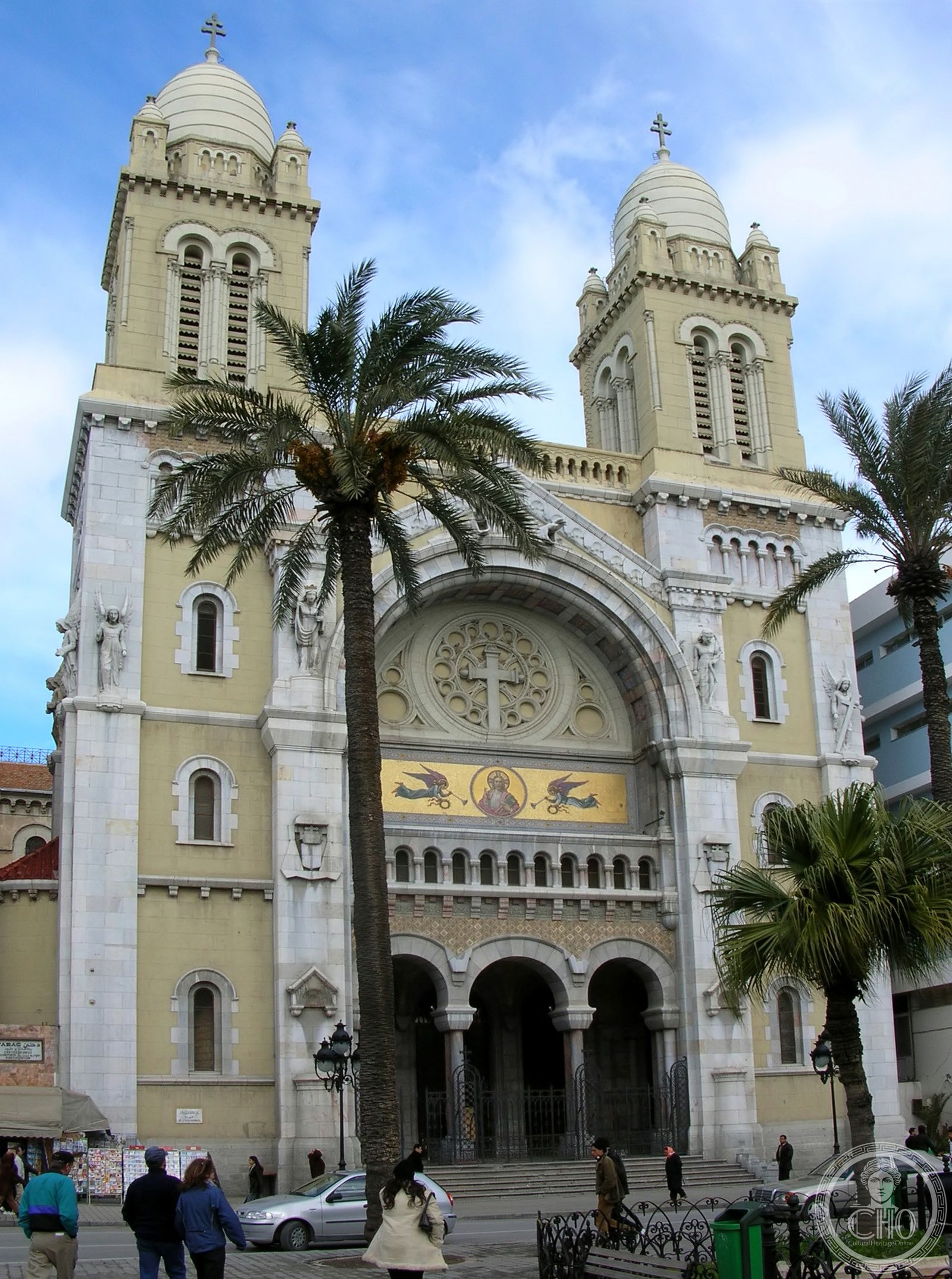 Cathedral of St. Vincent de Paul on Avenue Habib Bourguiba, Tunis, Tunisia, with twin domed bell towers and a rose window