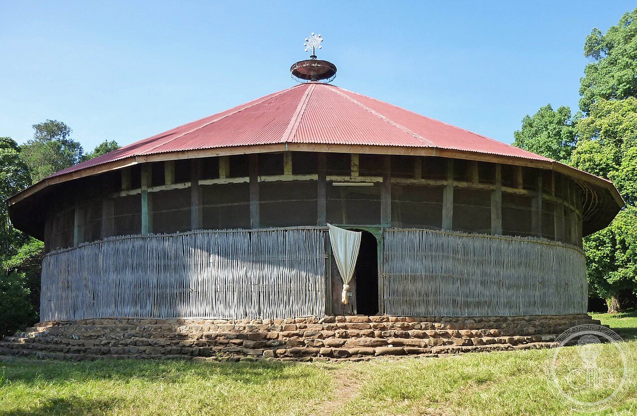 Ura Kidane Mehret Monastery on the Zege Peninsula, Lake Tana, Ethiopia, founded in the 14th century by Saint Betre Mariyam, its 16th-century circular church covered inside with vivid frescoes, and one of the few Lake Tana monasteries that permits women to enter