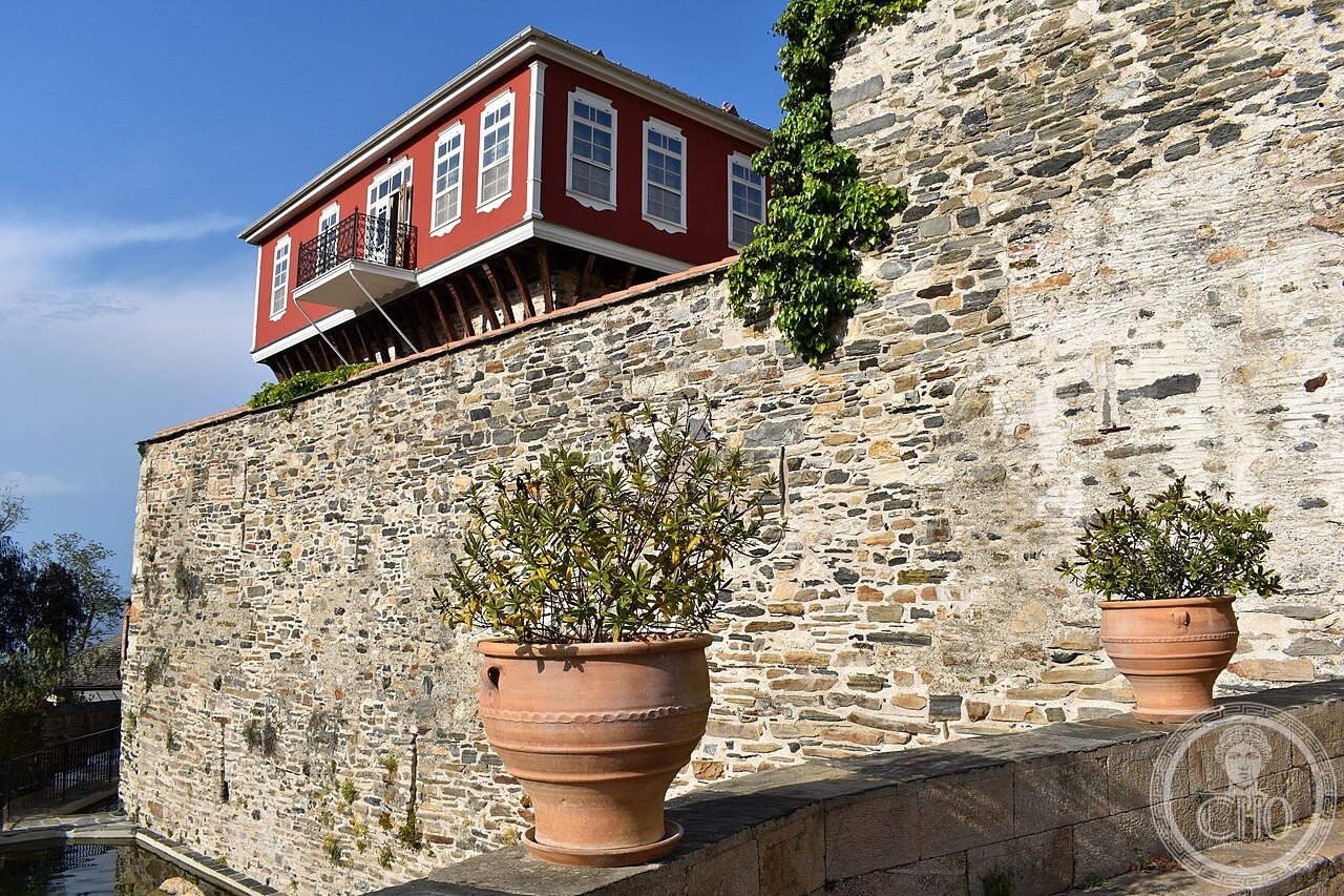 Vatopedi Monastery on Mount Athos, Greece, re-established 972-985, second in hierarchy among the Athonite monasteries and custodian of the Holy Belt of the Theotokos, the only surviving relic of the Virgin Mary's earthly life