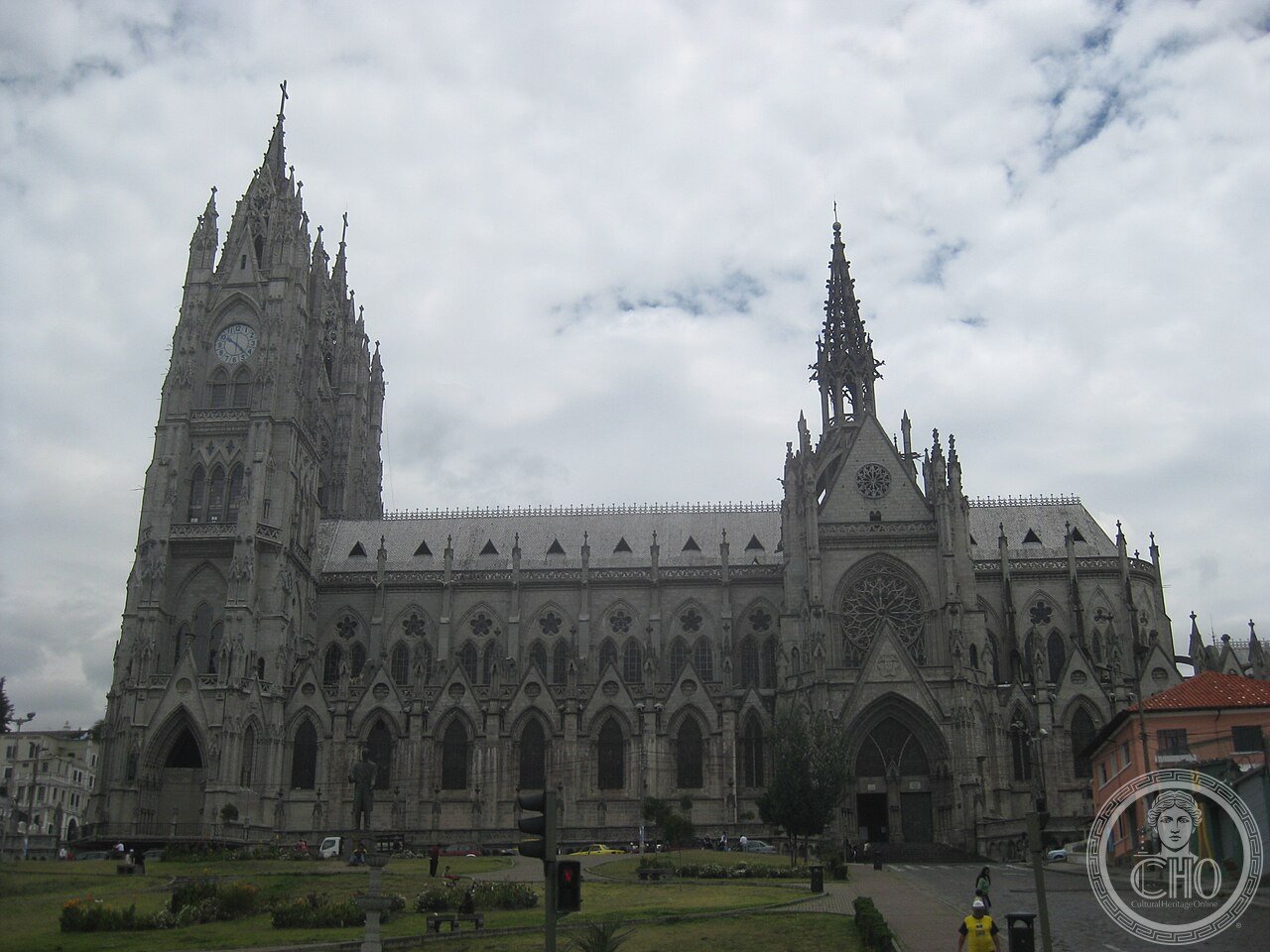 The Basílica del Voto Nacional in Quito, Ecuador, the largest neo-Gothic basilica in the Americas, its towers carved with gargoyles shaped as native Ecuadorian animals instead of European monsters