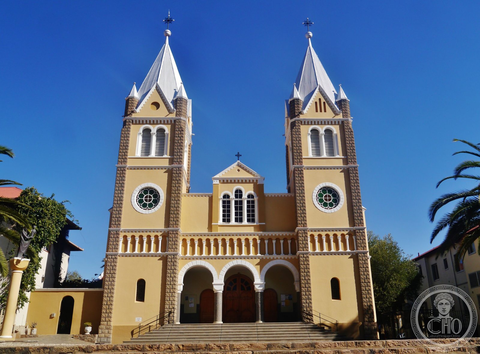 St. Mary's Cathedral in Windhoek, Namibia, a Romanesque Revival Catholic cathedral built 1906-1908 on Roman Hill, distinct from the city's Lutheran Christ Church
