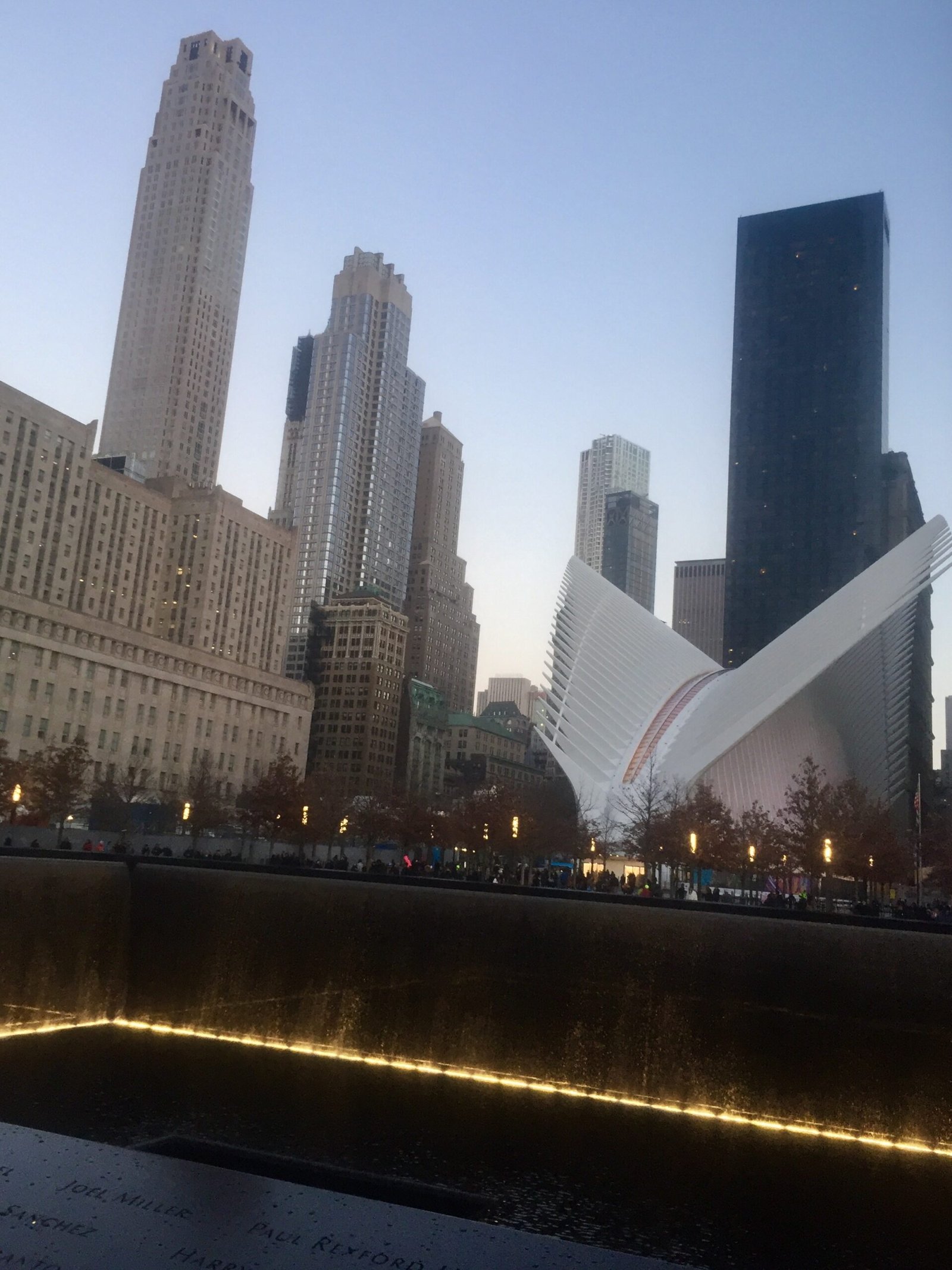A memorial pool and the rebuilt skyline.