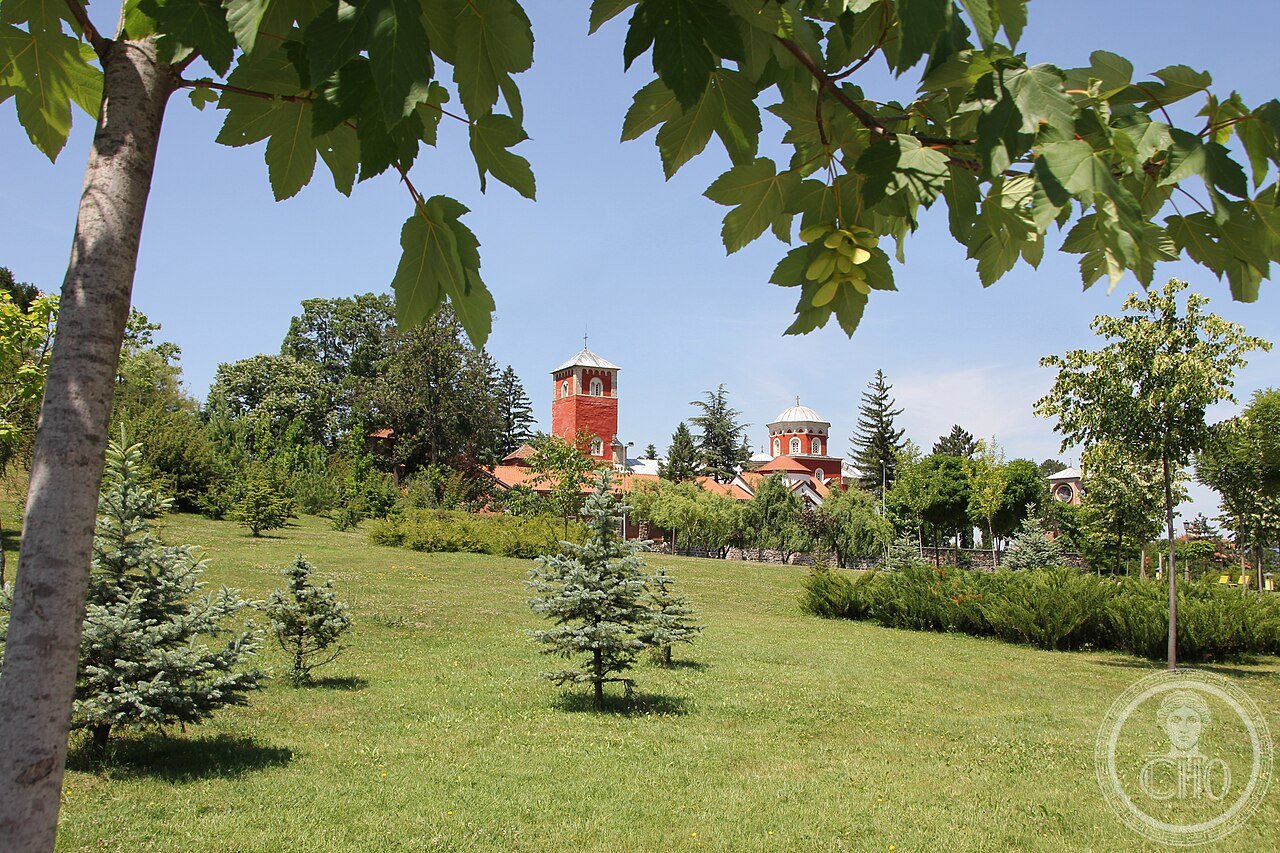 Exterior of Žiča Monastery in Serbia, its walls painted bright red by order of Saint Sava, built 1208-1230 as the coronation church of the Serbian medieval kings