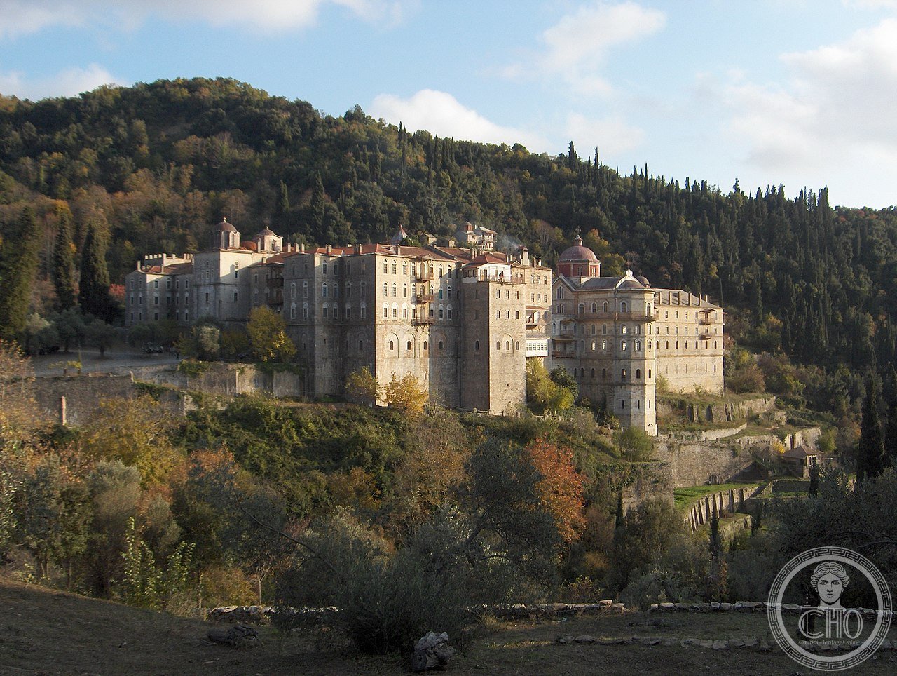 Zografou Monastery on Mount Athos, Greece, the historic Bulgarian monastery of the Holy Mountain, named 'the Painter' after a legend of an icon of Saint George that miraculously painted itself