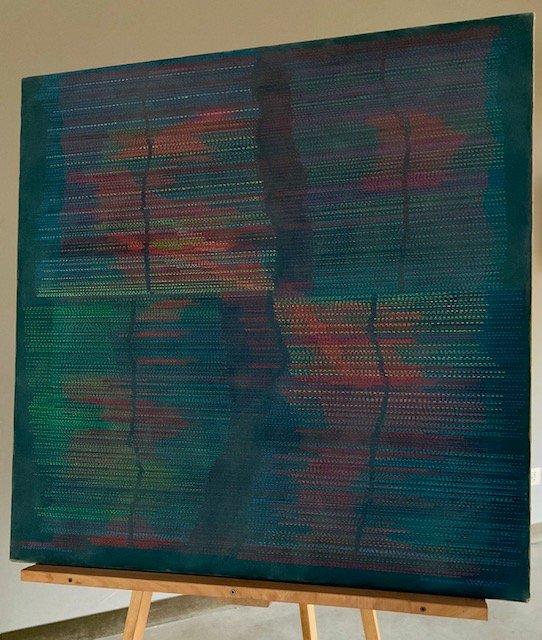 Abstract painting in teal and petrol blue, crossed by red and orange bands