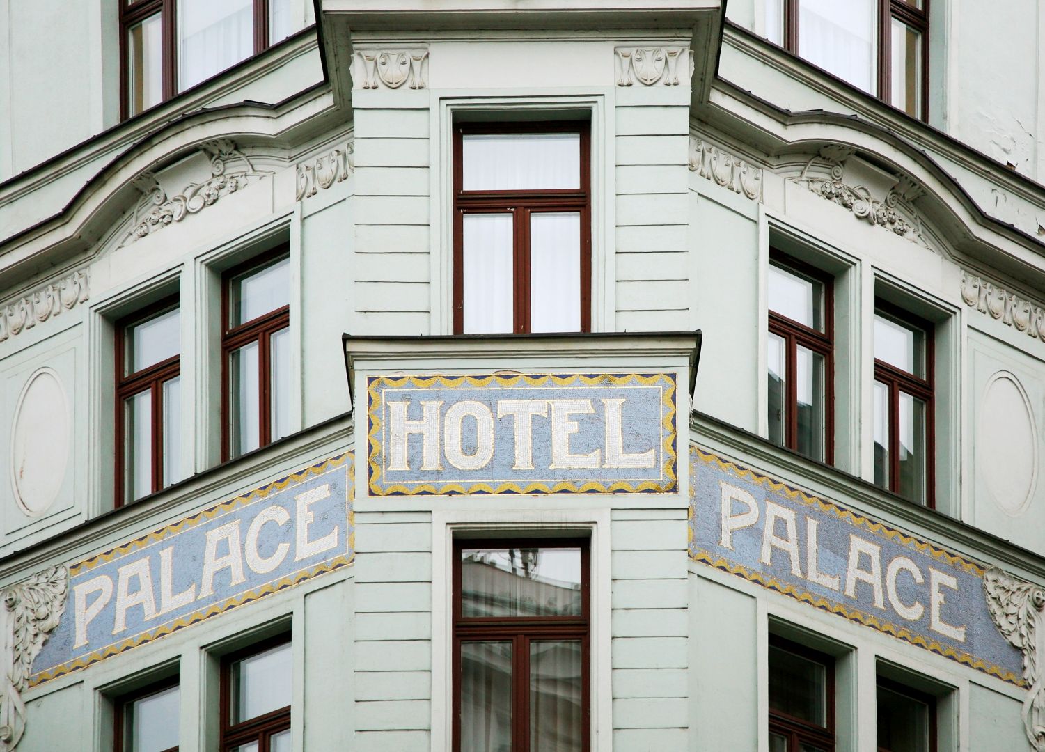 Facade detail of the Art Nouveau Palace Hotel, Prague