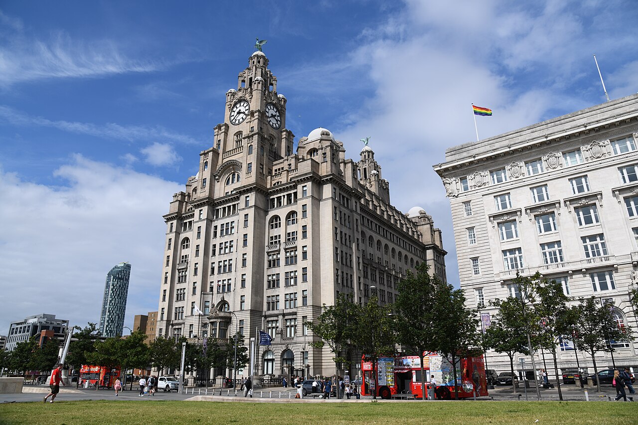The twin clock towers of the Royal Liver Building on the Liverpool waterfront