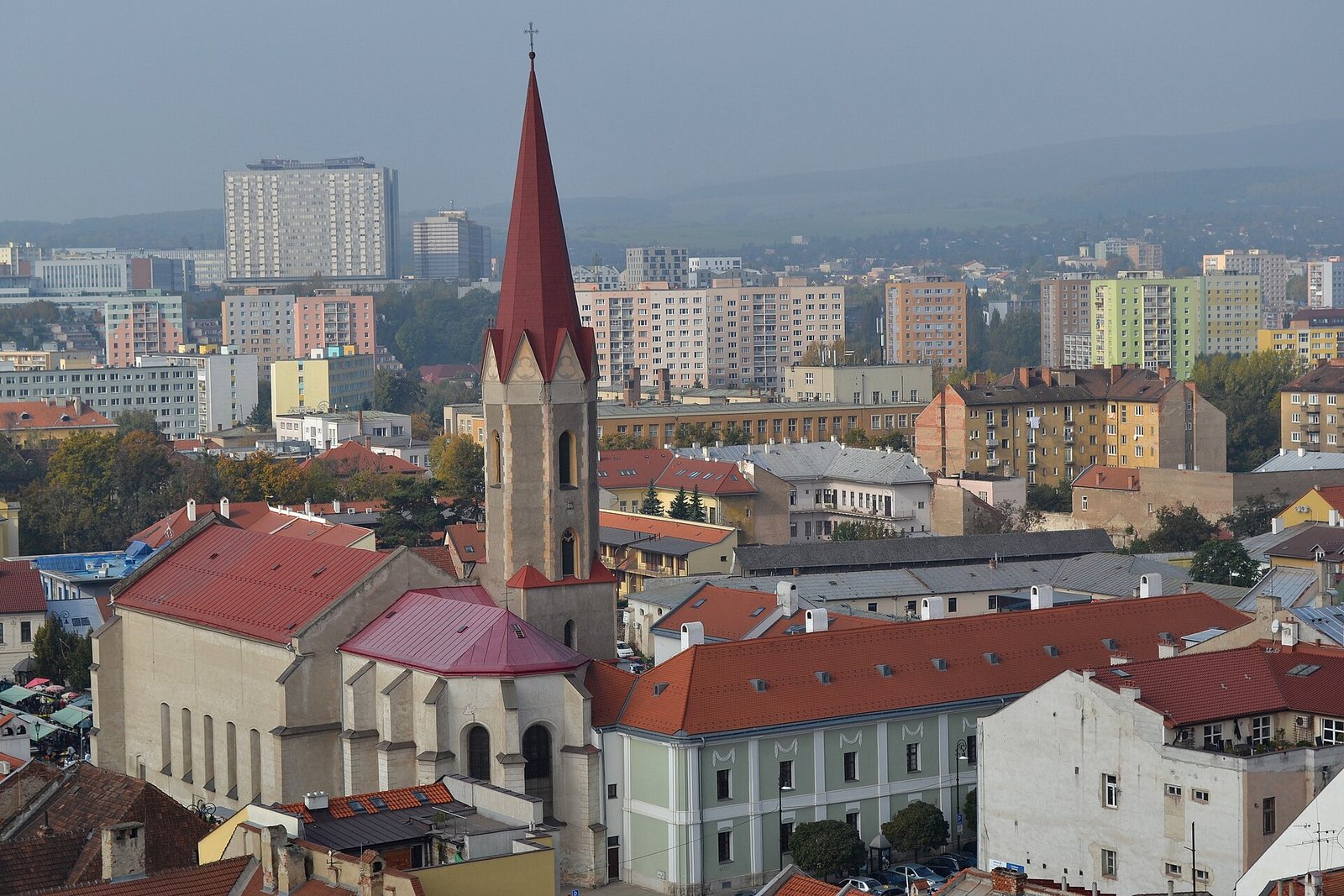 The Dominican Church on Dominikánske námestie in Košice, its tower rising above the square