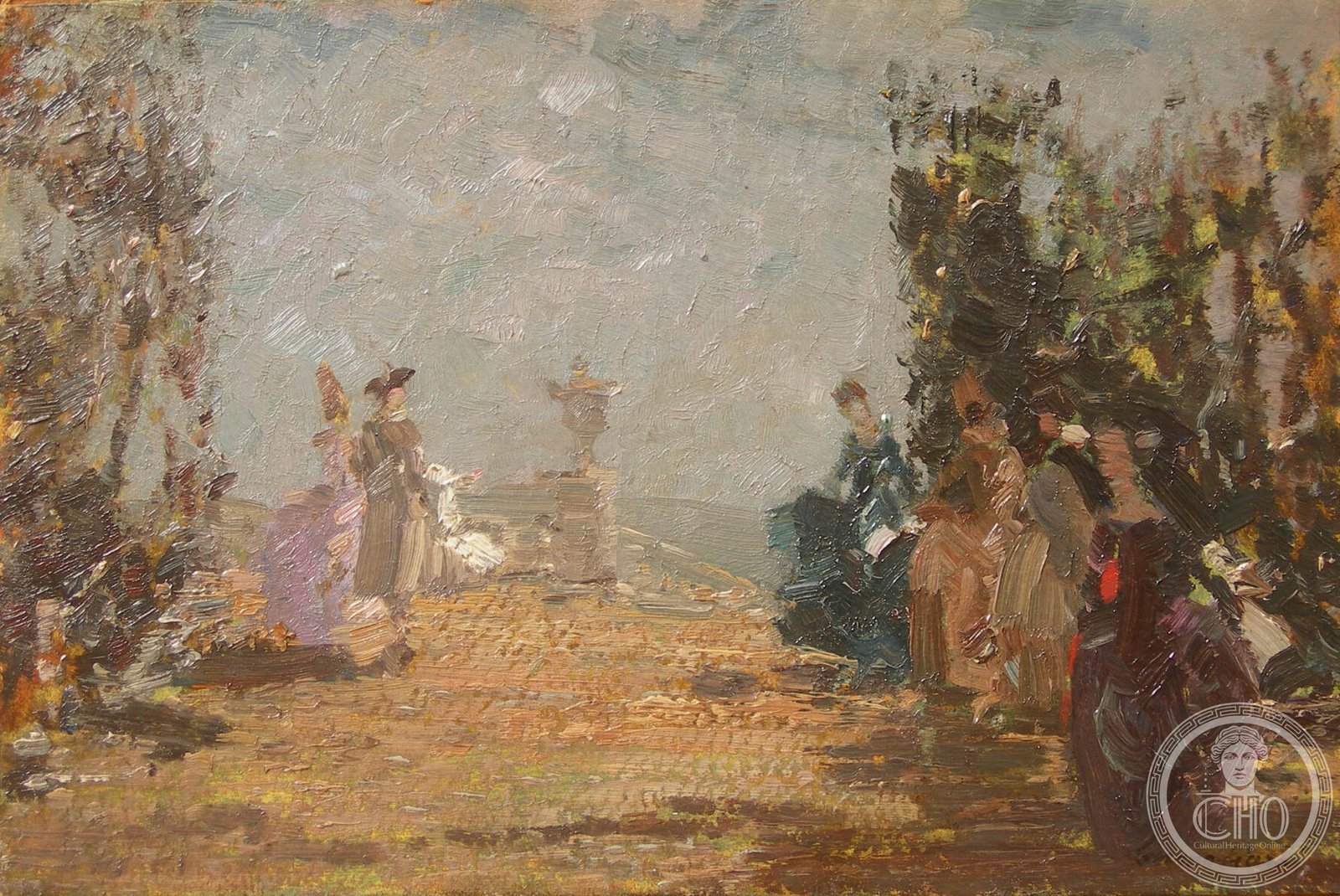Small oil painting by Emma Ciardi of elegantly dressed figures walking in a park, beside a stone balustrade with urns