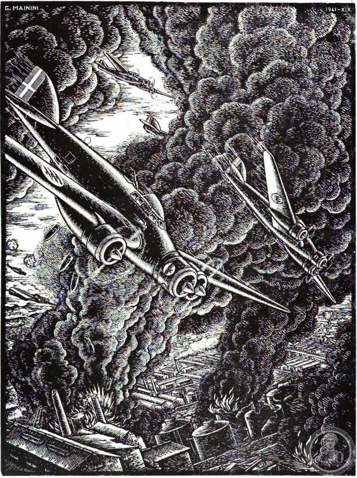 A 1941 woodcut of the air war by Giuseppe Mainini