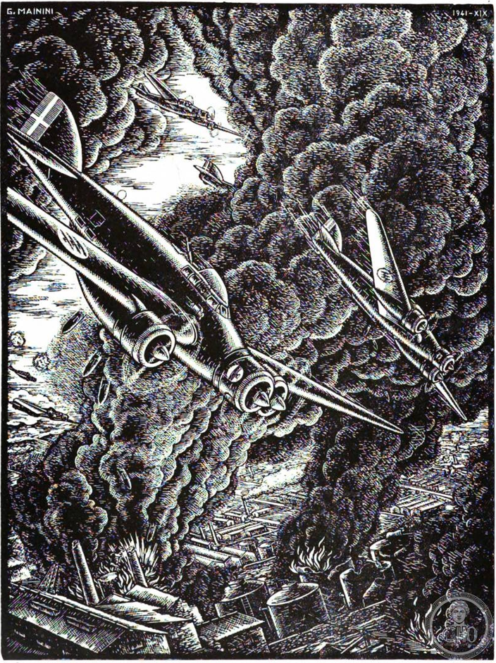 A 1941 woodcut of the air war by Giuseppe Mainini