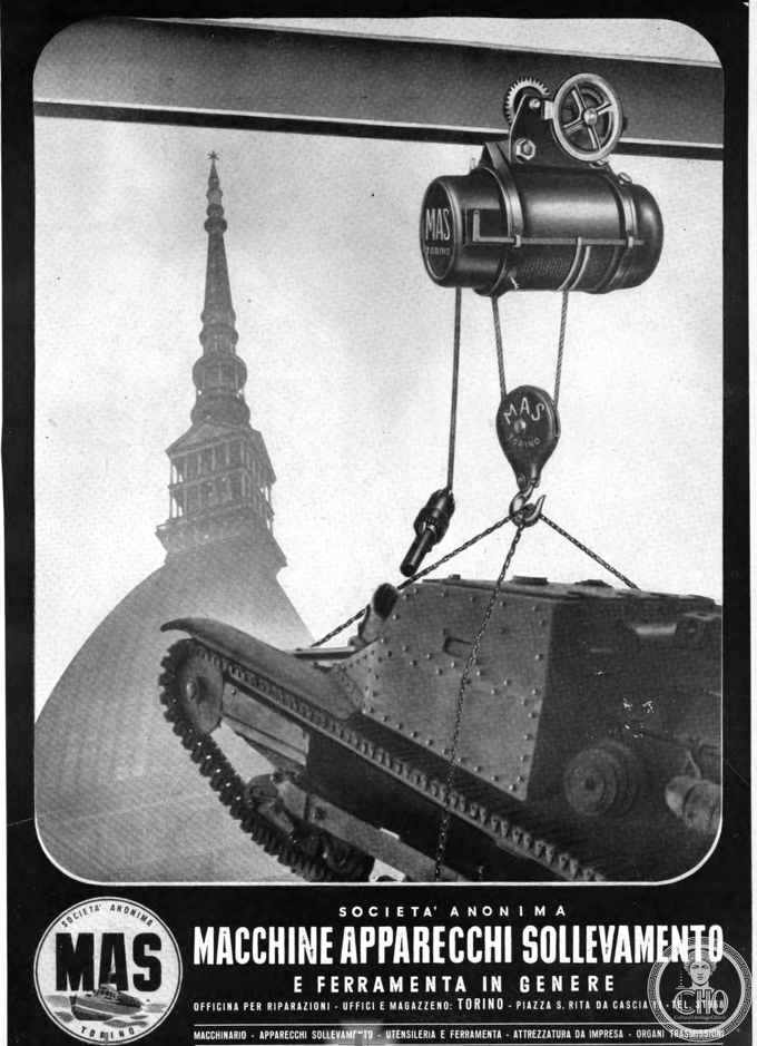 A tankette on a hoist, with the Mole behind it: an advertising sheet from Turin A tankette on a hoist, with the Mole behind it: an advertising sheet from Turin