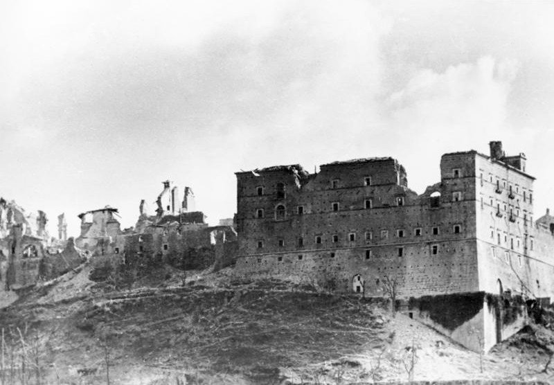 The abbey of Monte Cassino reduced to ruins after the bombing of 15 February 1944