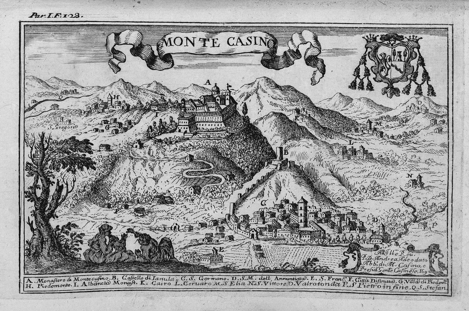 Engraved view of Monte Cassino and the Latin Valley published by Pacichelli in 1690, with a lettered key to the surrounding places