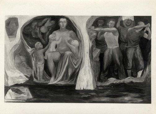 Black and white photograph of a mural by Filiberto Sbardella made for the VII Triennale di Milano, showing a seated woman with children on the left and labourers at work on the right