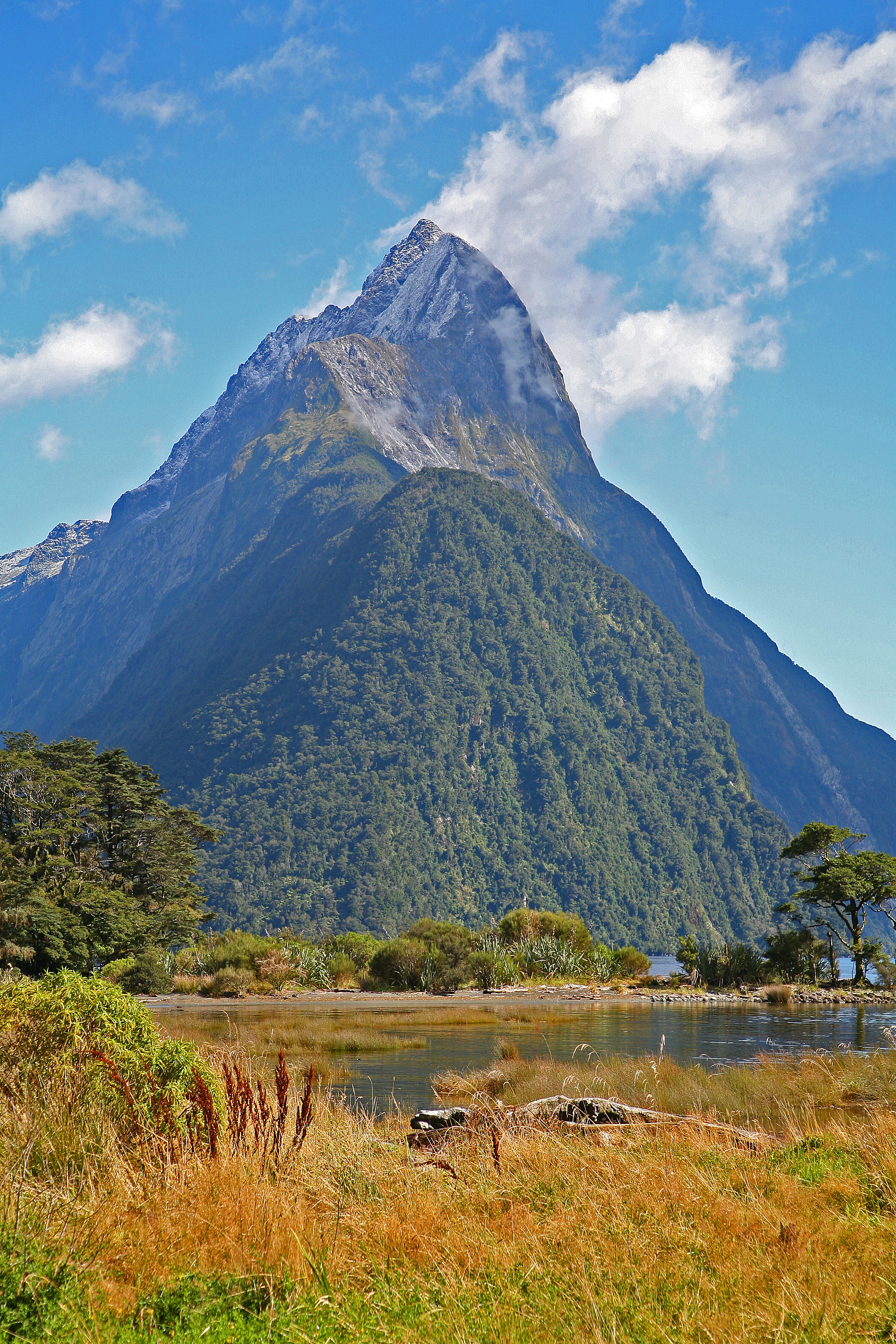 Mitre Peak rising sharply above the still waters of Milford Sound in New Zealand