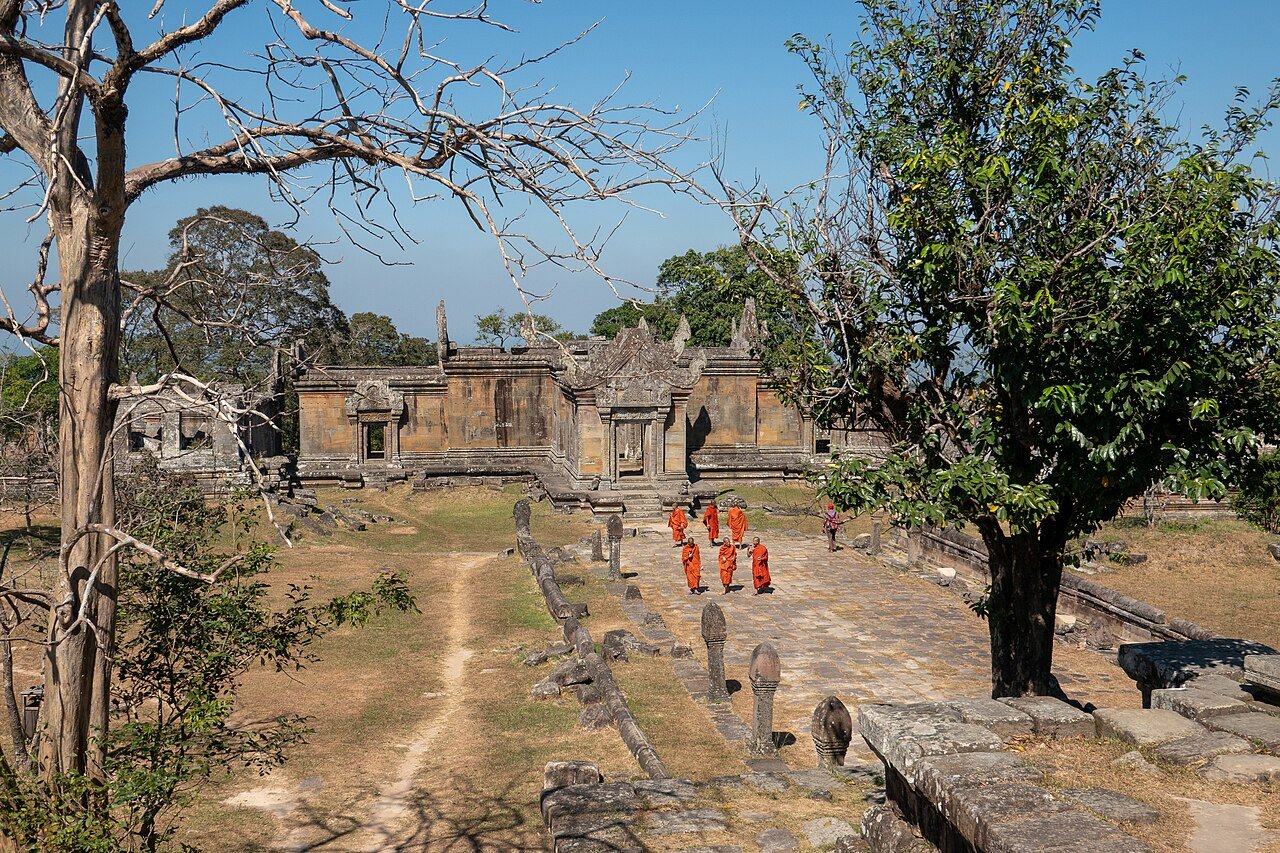 Causeway and stone gateway of Preah Vihear temple on cliff edge Dangrek escarpment Cambodia