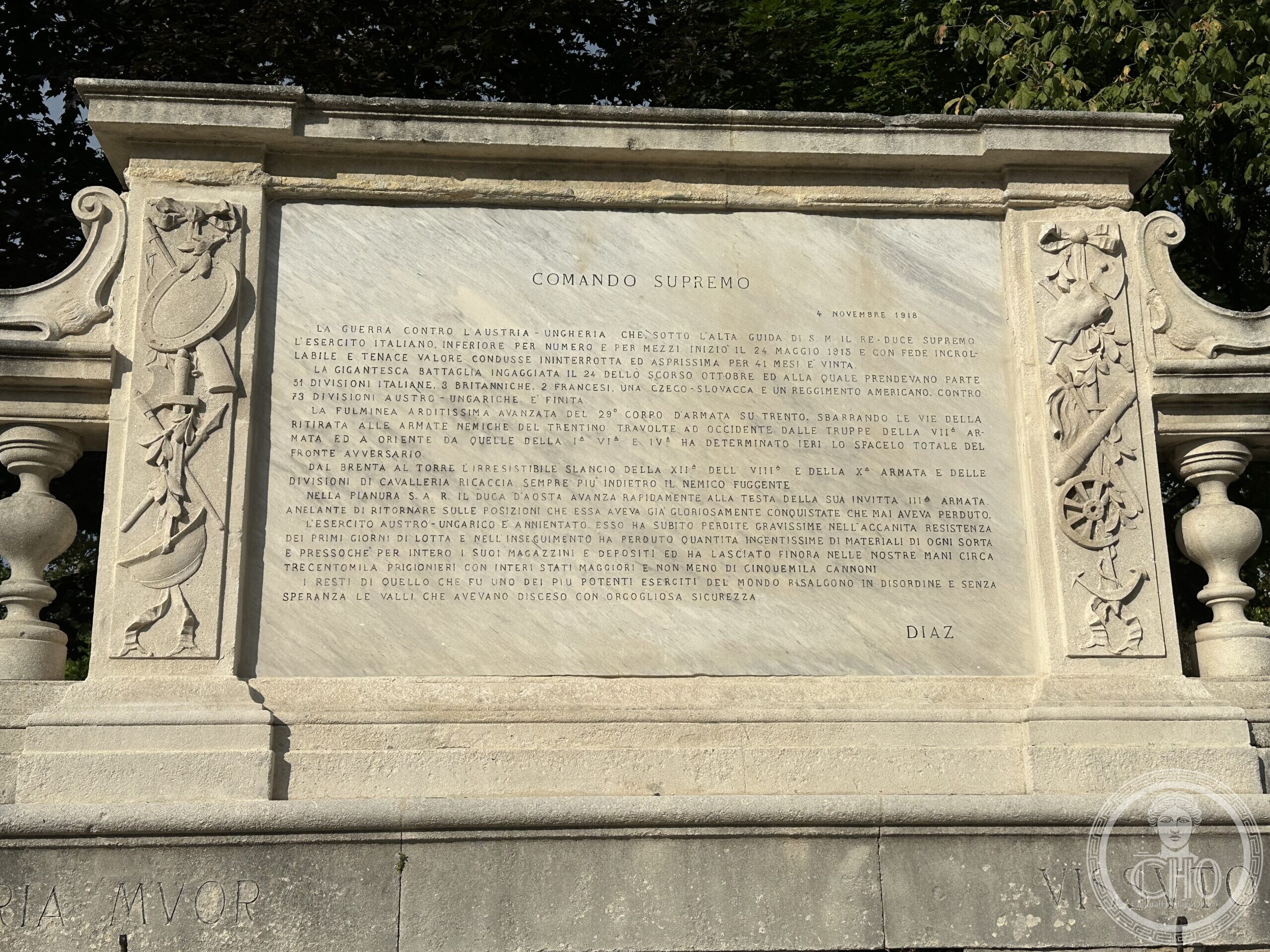 Stone plaque carrying General Armando Diaz's Bollettino della Vittoria of 4 November 1918, at Monte Berico, Vicenza
