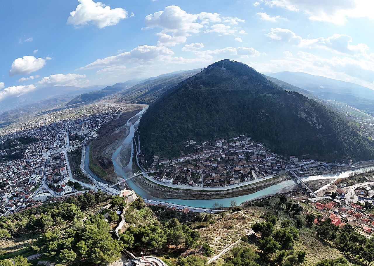 Aerial view of Berat showing castle district and Gorica neighbourhood across the Osum river