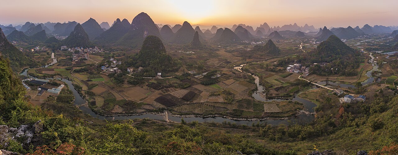 Karst towers bamboo raft Nine-Horse Fresco Hill Li River Guilin China
