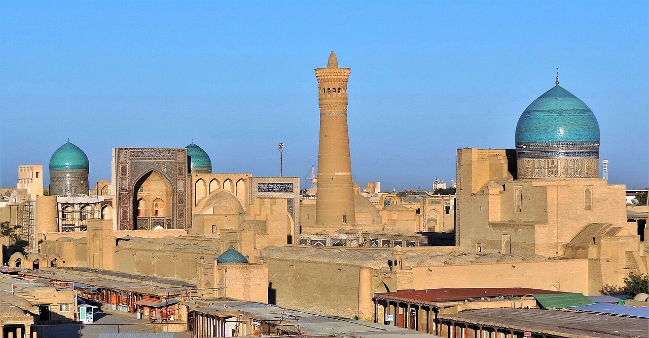 The Kalon Minaret and Kalon Mosque in Bukhara, Uzbekistan — a 46-metre 12th-century brick minaret that Genghis Khan spared when he destroyed the rest of the city in 1220