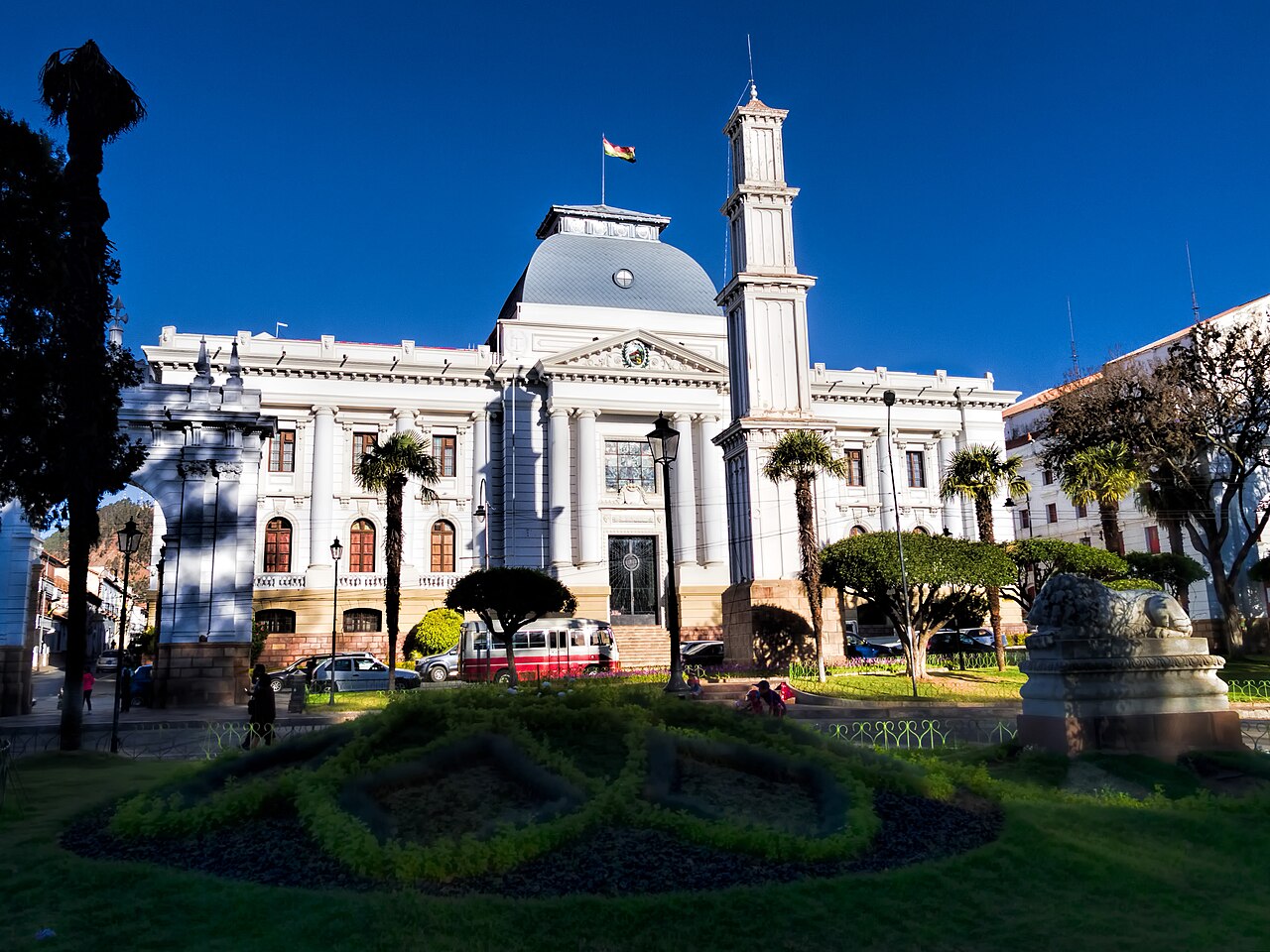White judicial palace overlooking Bolívar Park in central Sucre Bolivia