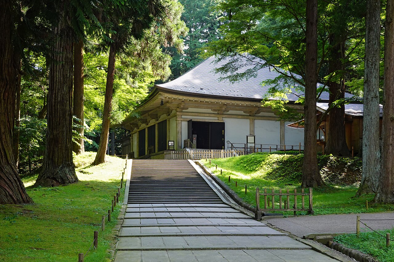 Chūson-ji temple complex at Hiraizumi, Iwate Prefecture, Japan — home to the 1124 CE Konjikidō golden hall, entirely covered in gold leaf