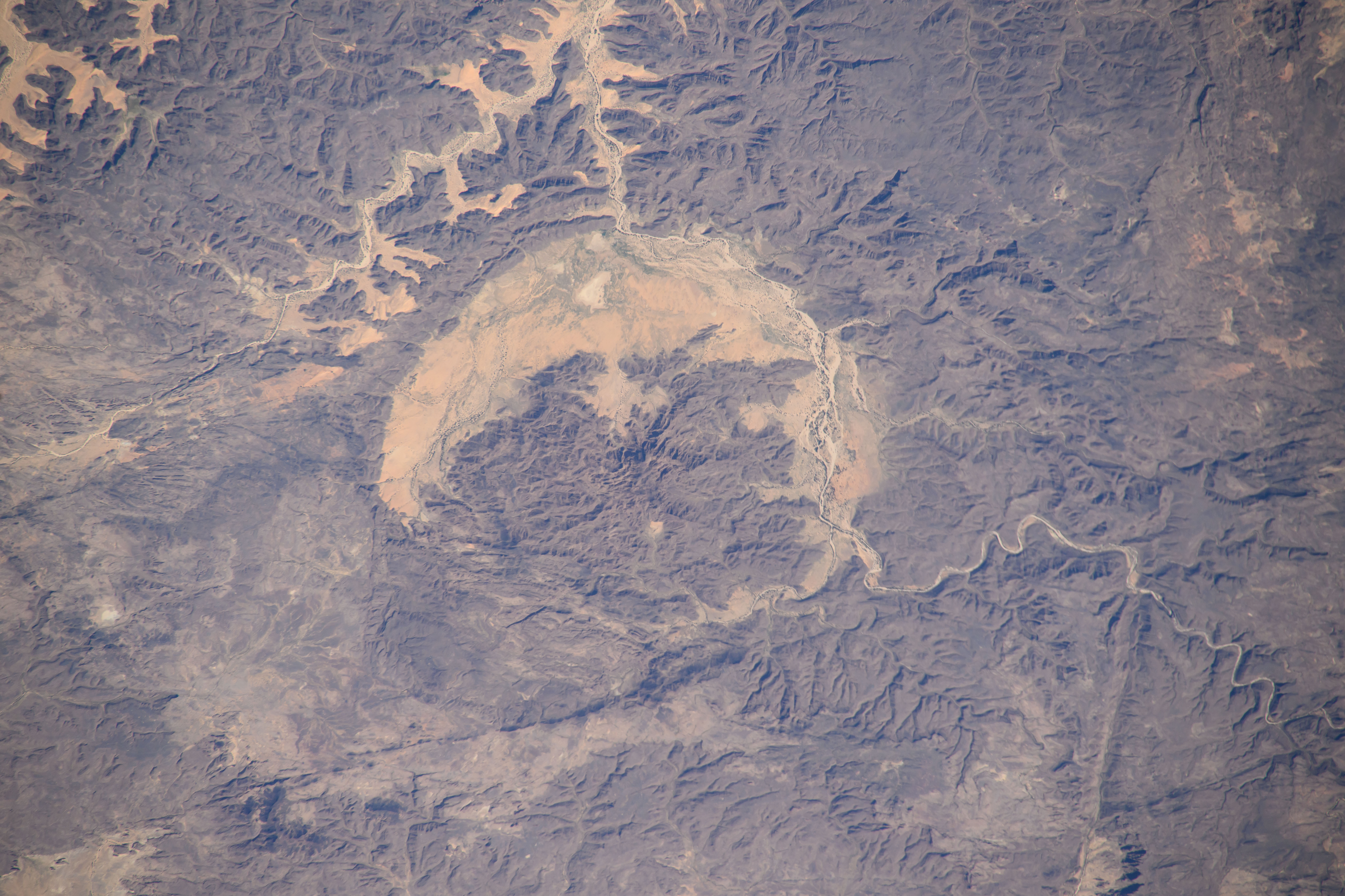 Aerial view of Ennedi Massif sandstone formations and deep canyons in northeastern Chad