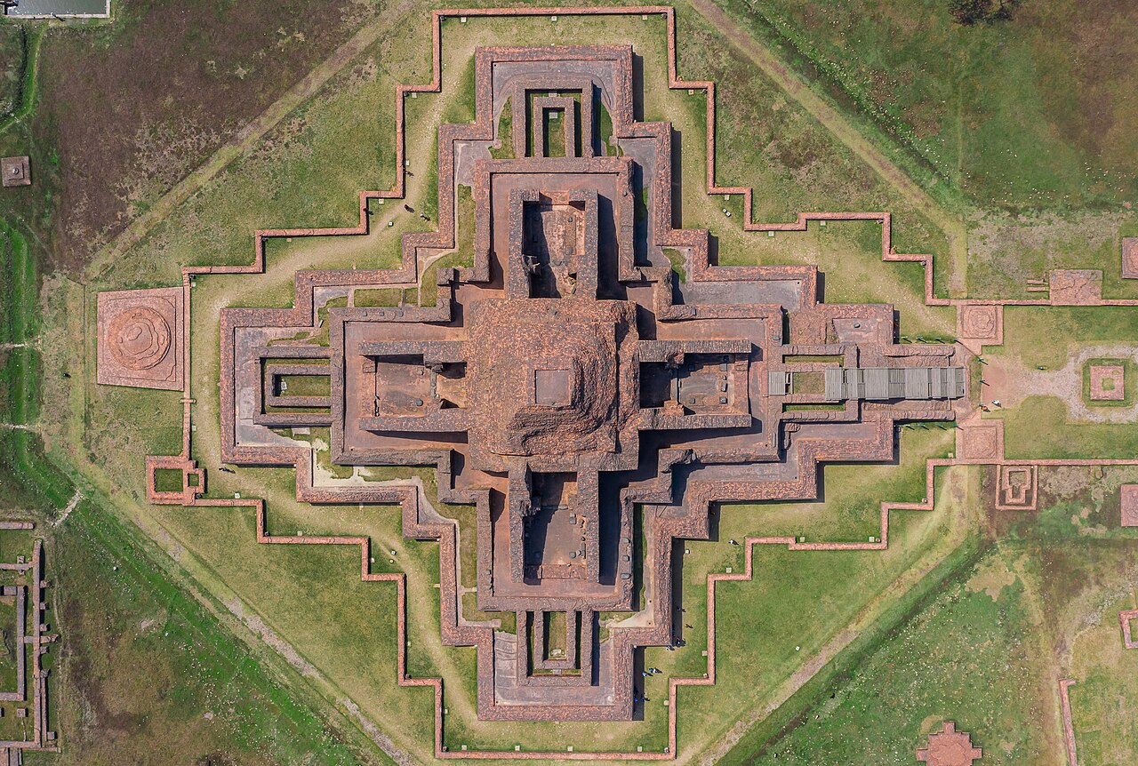 Aerial view of the Somapura Mahavihara Buddhist monastery complex at Paharpur showing the cruciform courtyard layout, Bangladesh