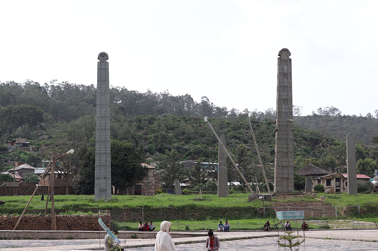 The Obelisk of Aksum (Stele 2) in Tigray, Ethiopia — a 24-metre Aksumite granite monolith decorated with false doors and windows, returned from Rome in 2008