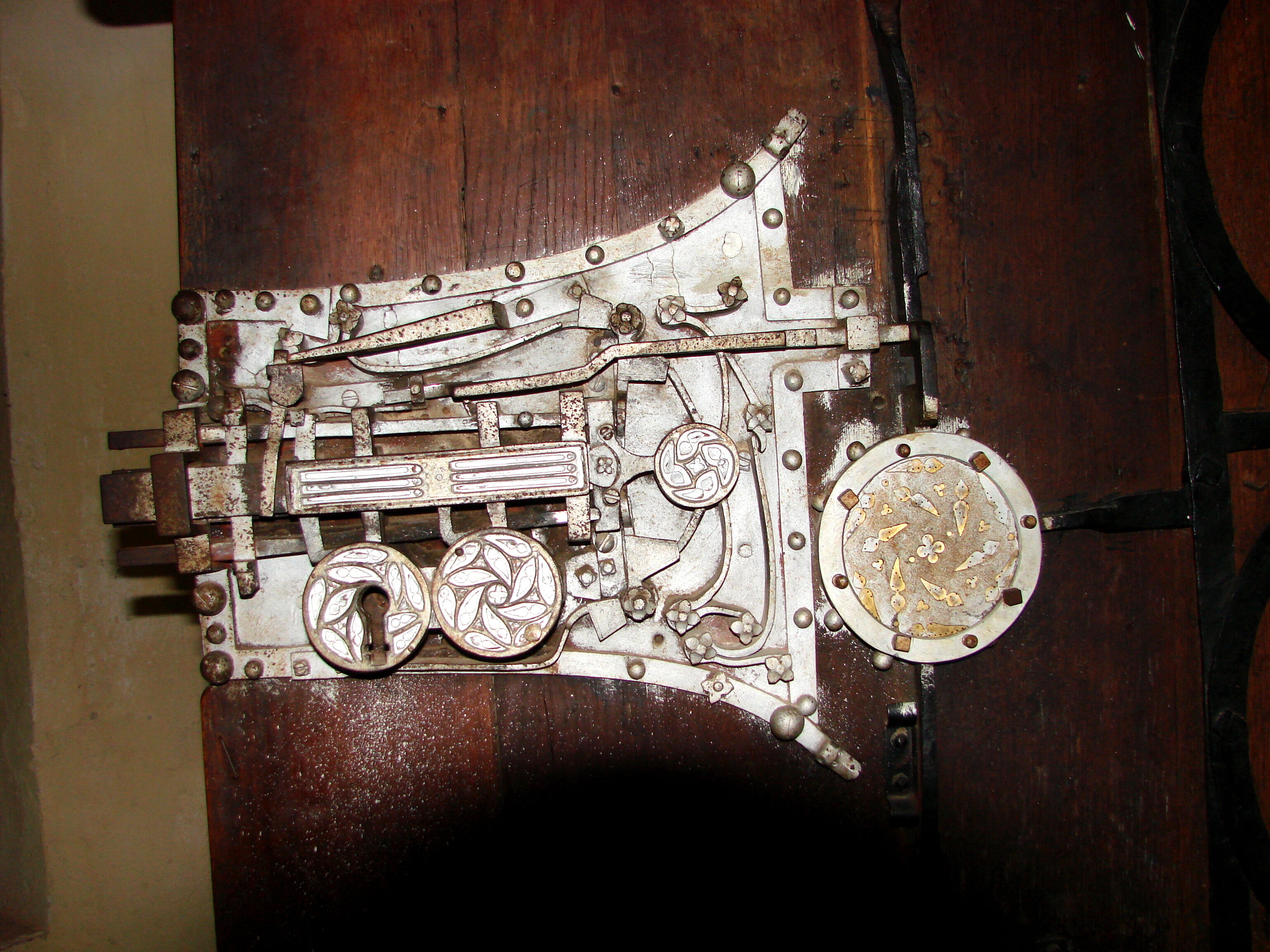 Elaborate fifteenth-century lock mechanism with multiple bolts on the sacristy door at Biertan church