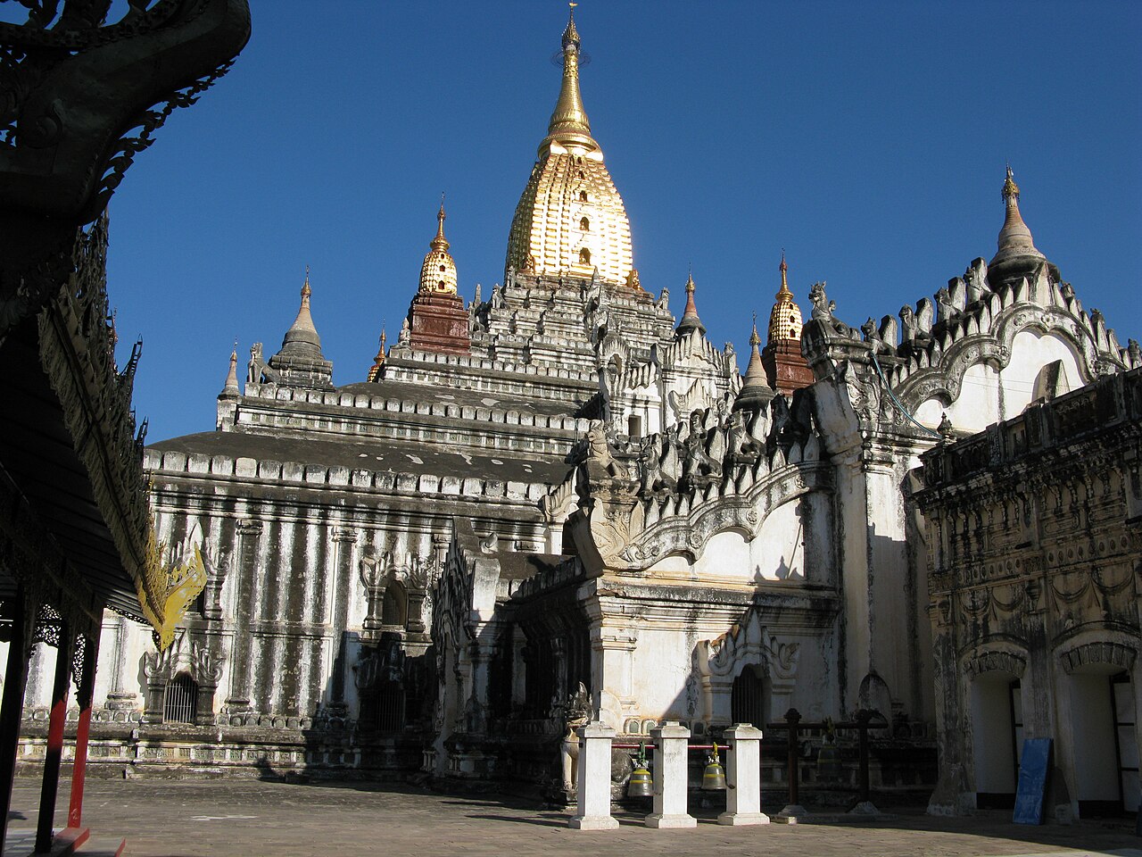 Ananda Temple, a large white symmetrical Buddhist temple in Bagan, Myanmar