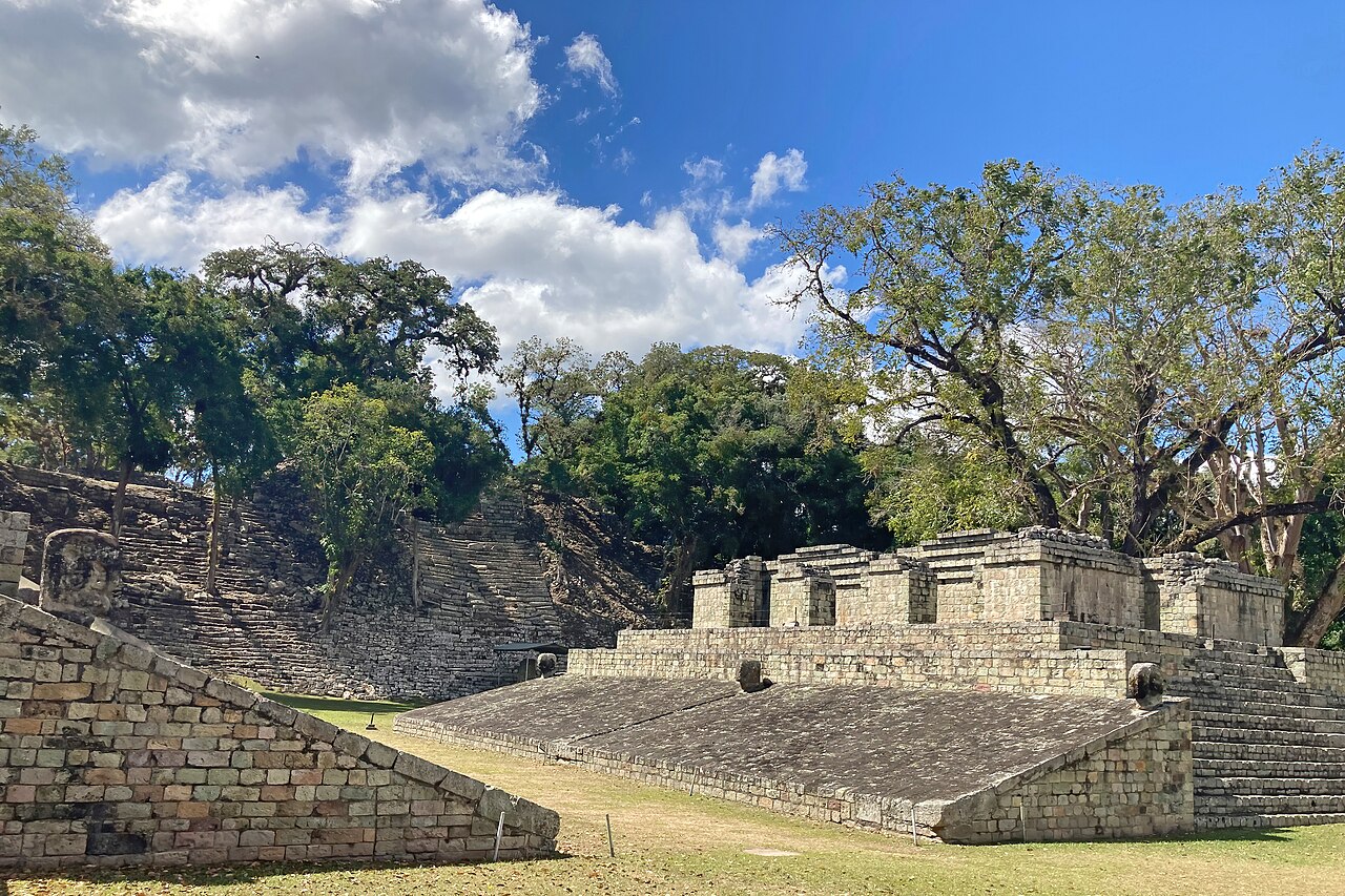 Well-preserved Maya ball court with sloping stone walls at Copán Ruinas, Honduras