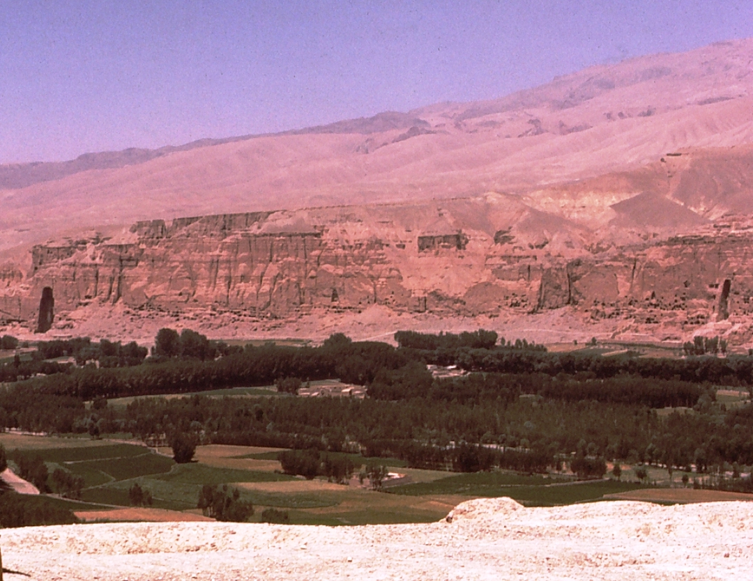 Bamiyan cliff rockwall with standing Buddha statues photographed in 1977 before their destruction