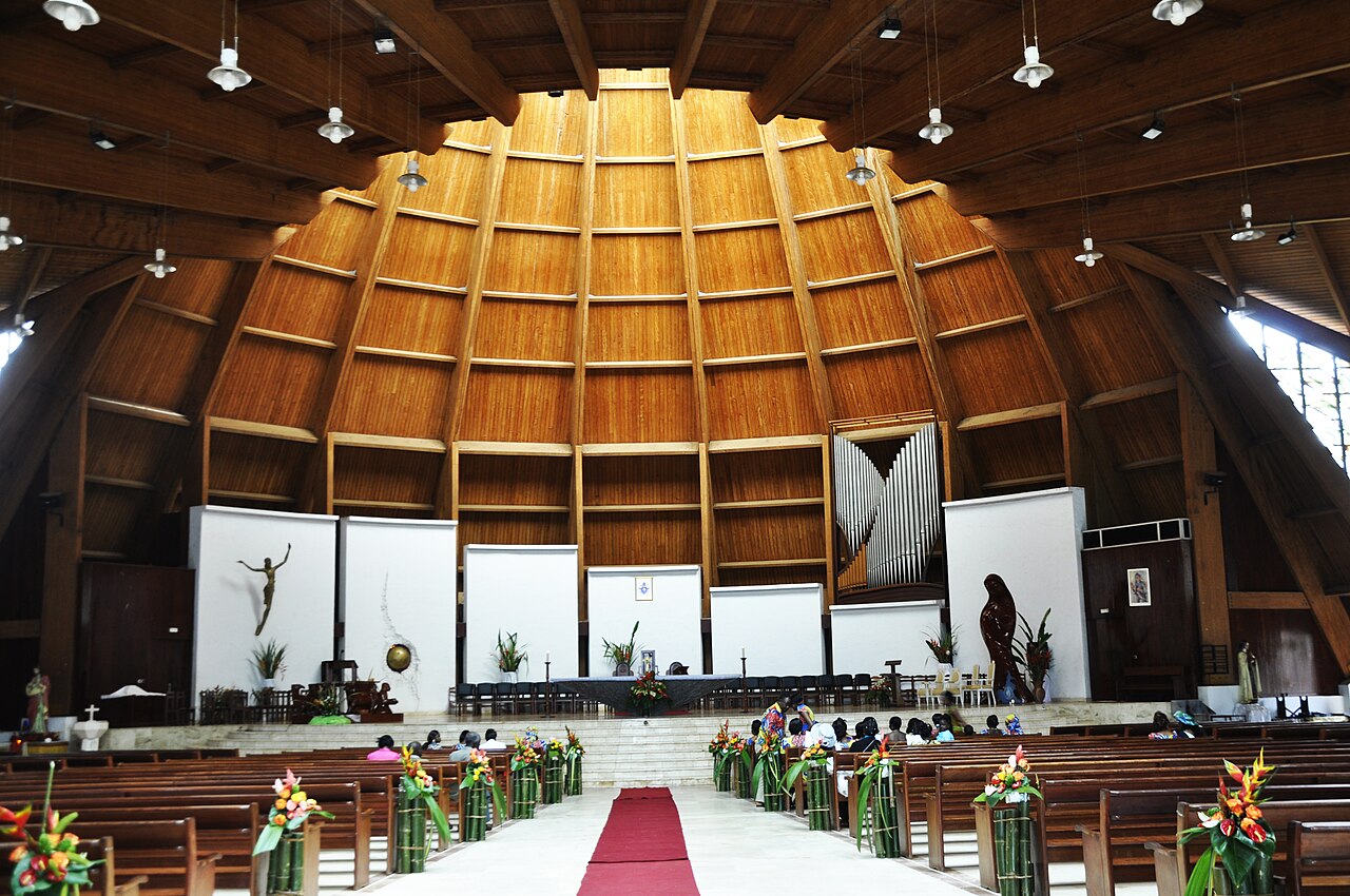 Basilique Marie-Reine des Apôtres de Mvolyé in Yaoundé, Cameroon, seen from below the hill