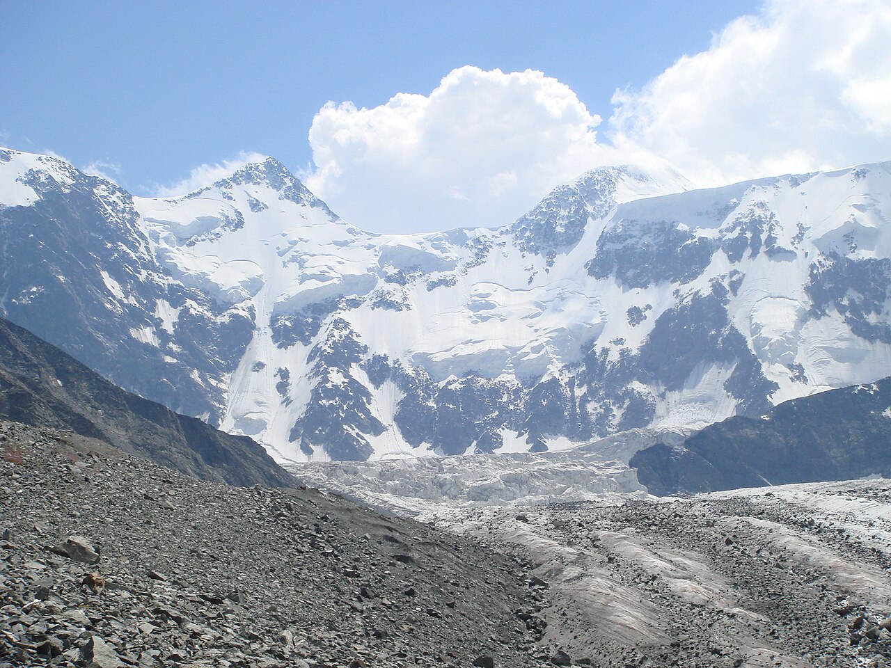 Mount Belukha snow-covered summit rising above the Katunsky range, Altai Republic